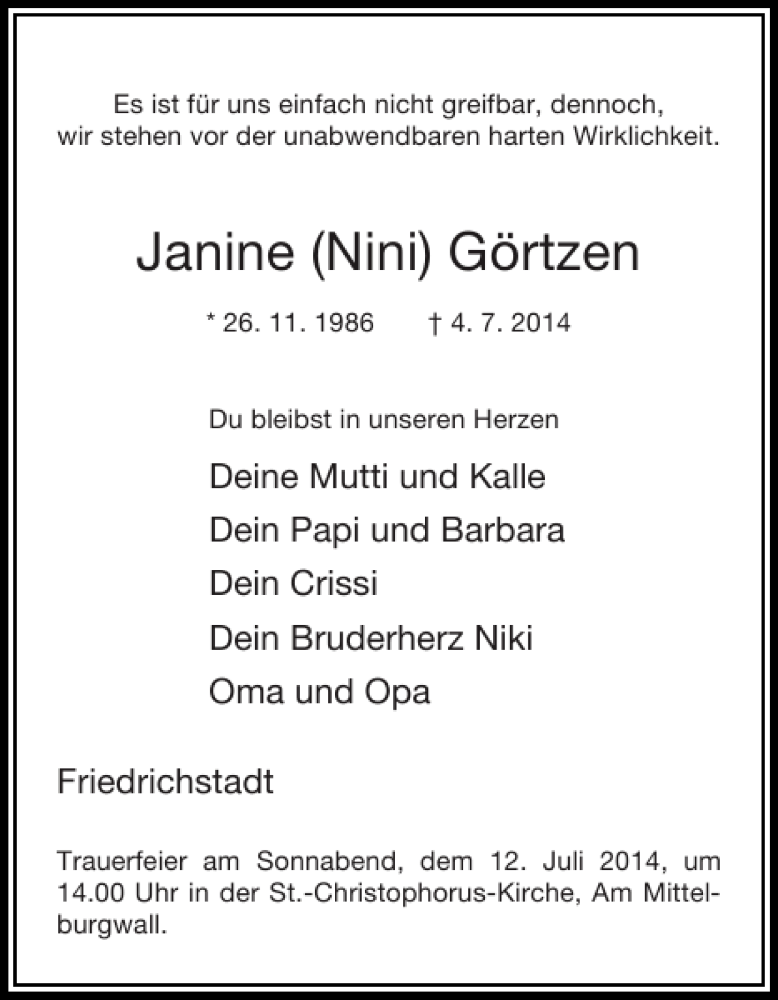  Traueranzeige für Janine Nini Görtzen vom 08.07.2014 aus Flensburger Tageblatt