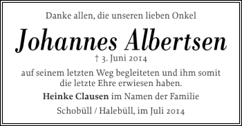 Traueranzeige von Johannes Albertsen von Husumer Nachrichten