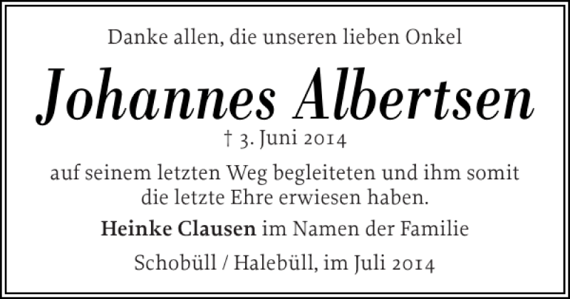  Traueranzeige für Johannes Albertsen vom 05.07.2014 aus Husumer Nachrichten