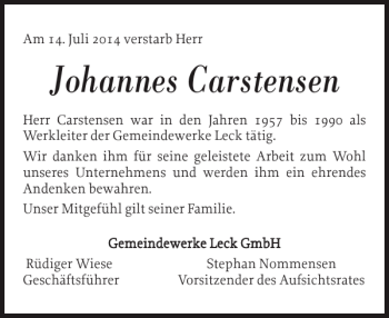 Traueranzeige von Johannes Carstensen von Nordfriesland Tageblatt