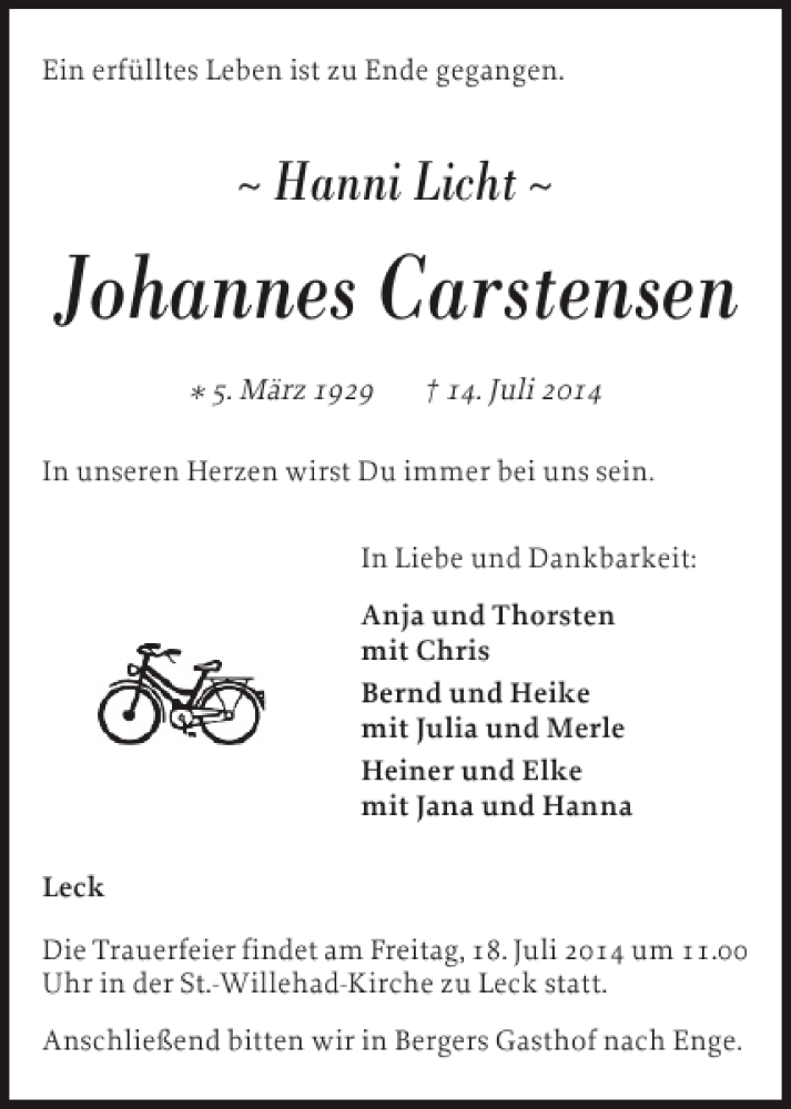  Traueranzeige für Johannes Carstensen vom 16.07.2014 aus Husumer Nachrichten