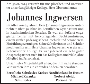 Traueranzeige von Johannes Ingwersen von Husumer Nachrichten