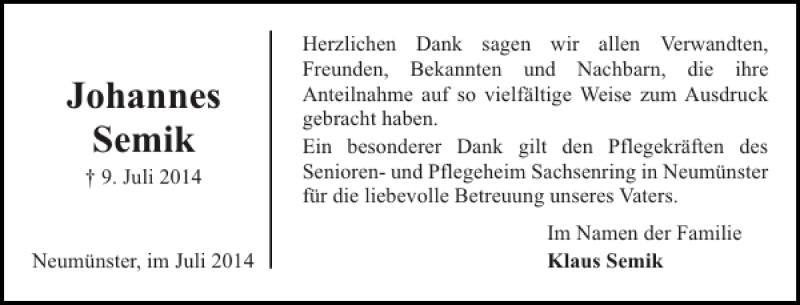  Traueranzeige für Johannes Semik vom 26.07.2014 aus Holsteinischer Courier