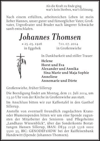 Traueranzeige von Johannes Thomsen von Flensburger Tageblatt