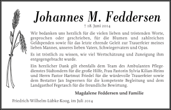 Traueranzeige von Johannes M. Feddersen von Husumer Nachrichten