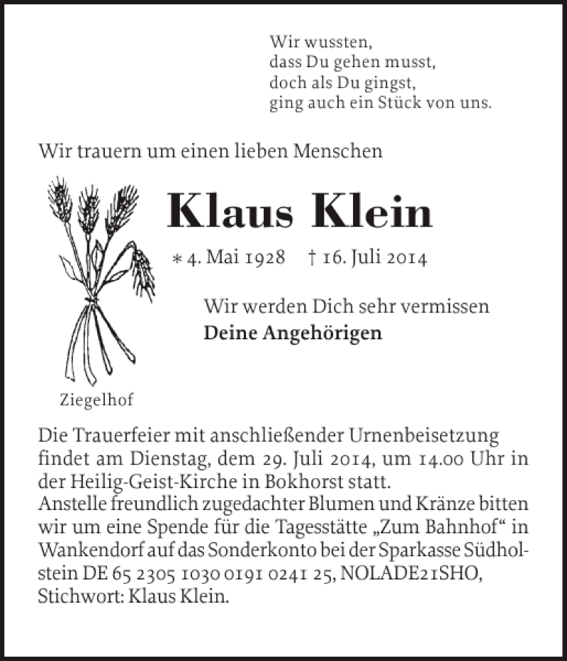  Traueranzeige für Klaus Klein vom 26.07.2014 aus Holsteinischer Courier