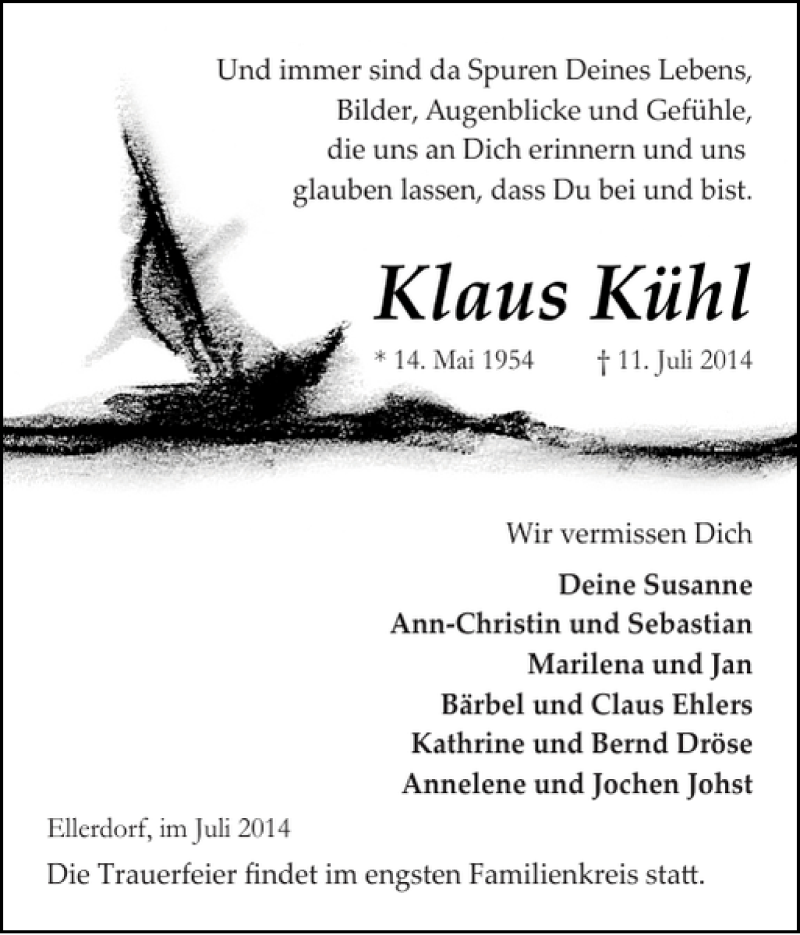  Traueranzeige für Klaus Kühl vom 12.07.2014 aus Landeszeitung