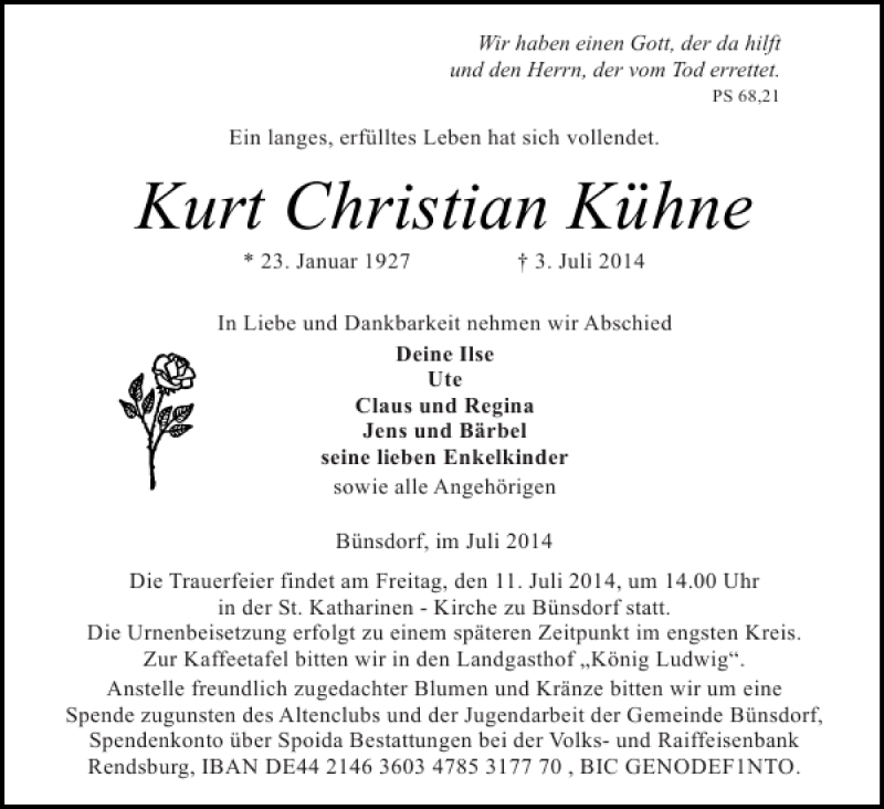  Traueranzeige für Kurt Christian Kühne vom 08.07.2014 aus Landeszeitung