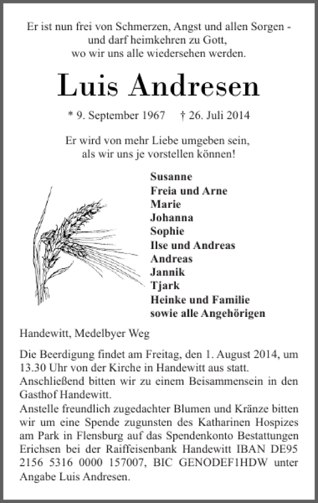  Traueranzeige für Luis Andresen vom 30.07.2014 aus Flensburger Tageblatt