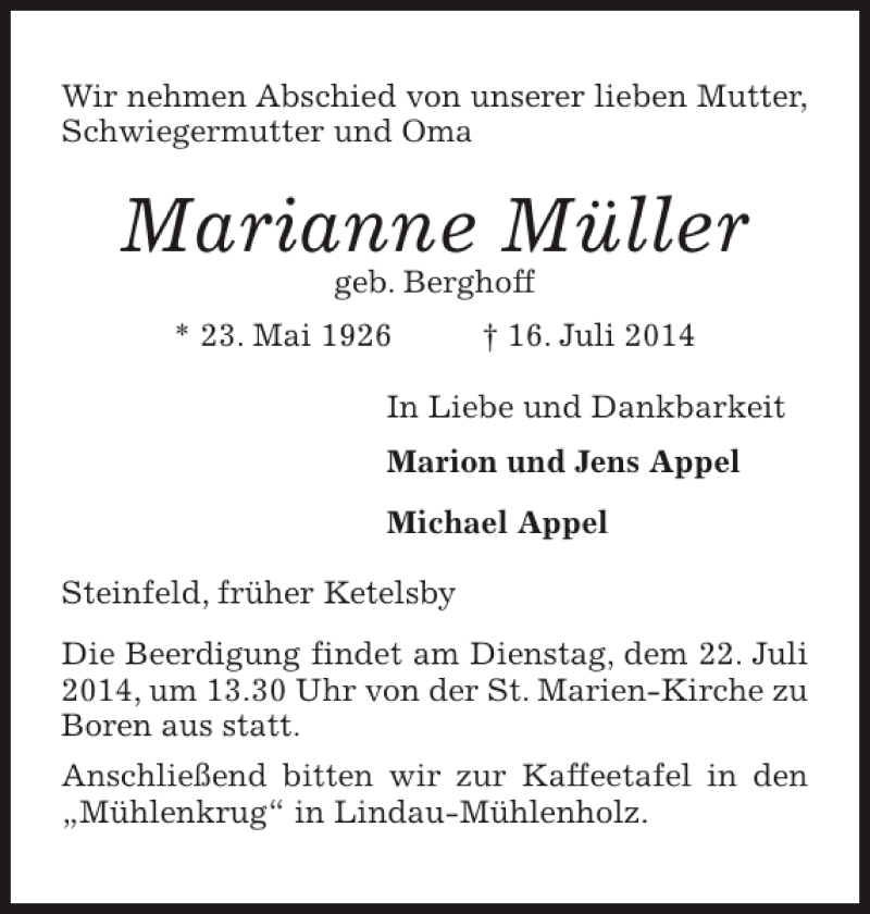  Traueranzeige für Marianne Müller vom 18.07.2014 aus Flensburger Tageblatt