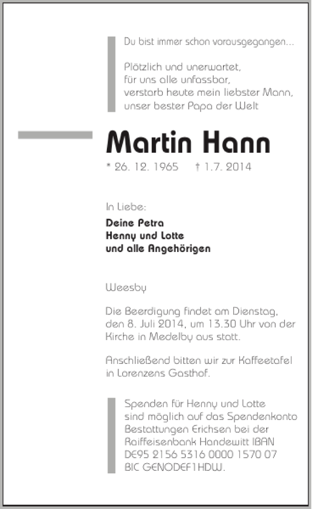 Traueranzeige für Martin Hann vom 04.07.2014 aus Flensburger Tageblatt
