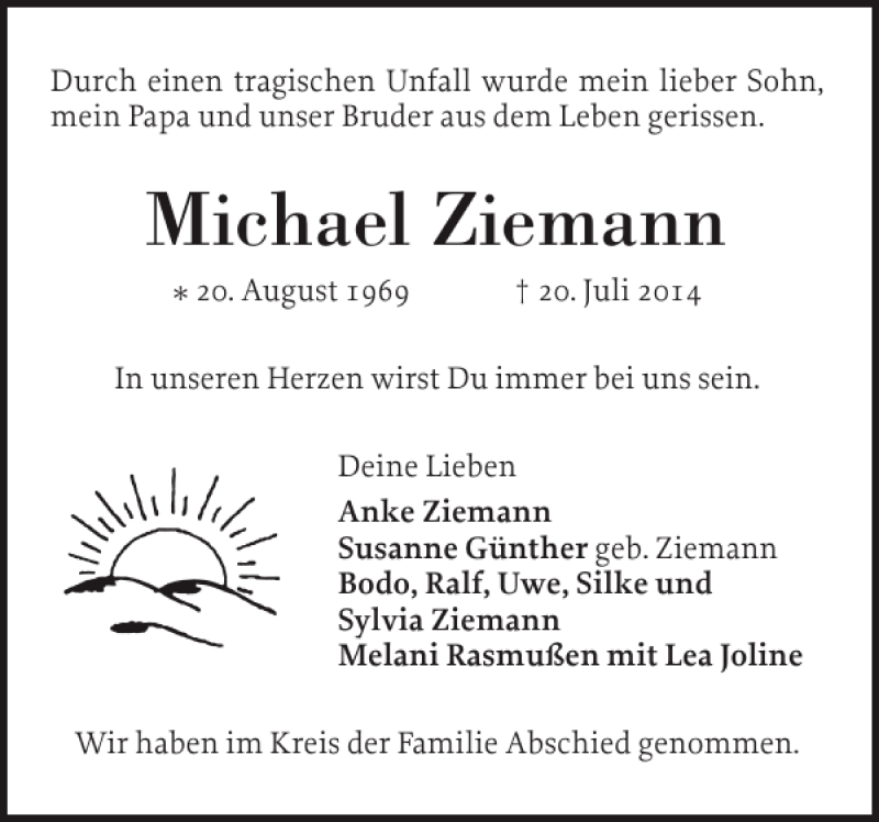  Traueranzeige für Michael Ziemann vom 30.07.2014 aus Elmshorner Nachrichten