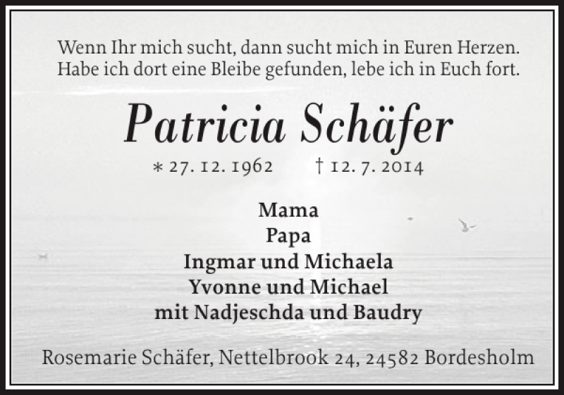  Traueranzeige für Patricia Schäfer vom 18.07.2014 aus Flensburger Tageblatt