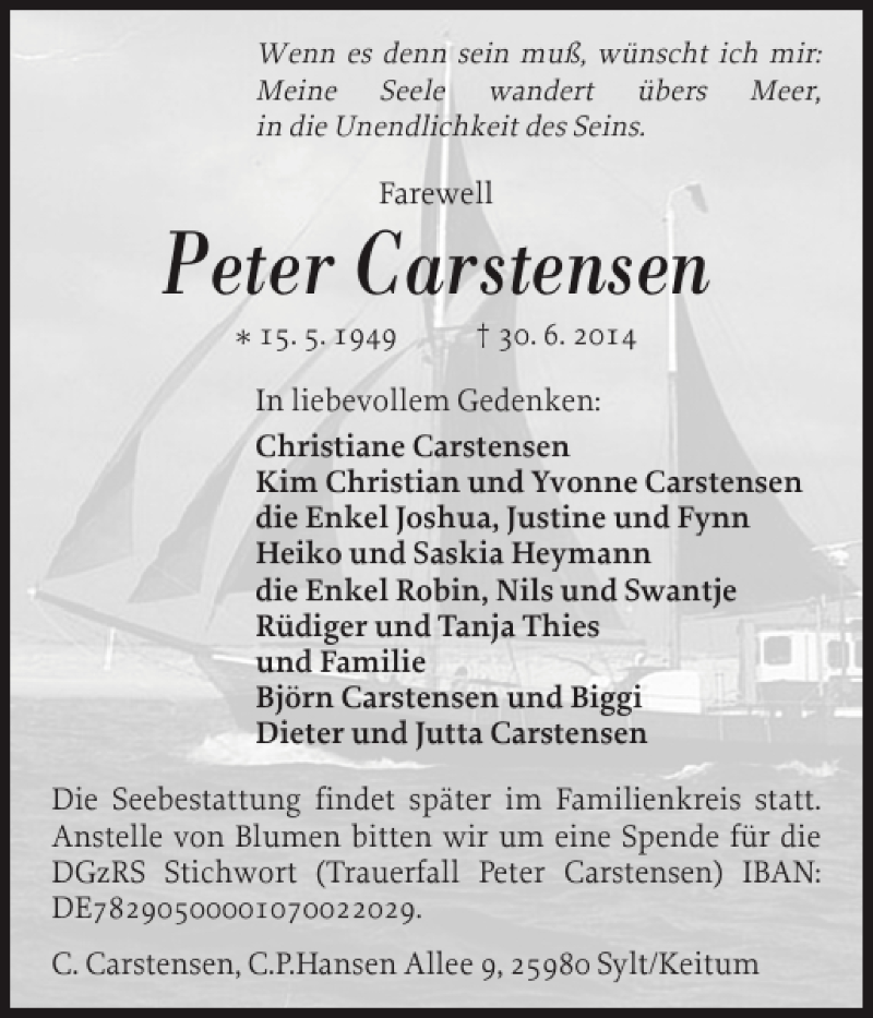  Traueranzeige für Peter Carstensen vom 04.07.2014 aus Sylter Rundschau