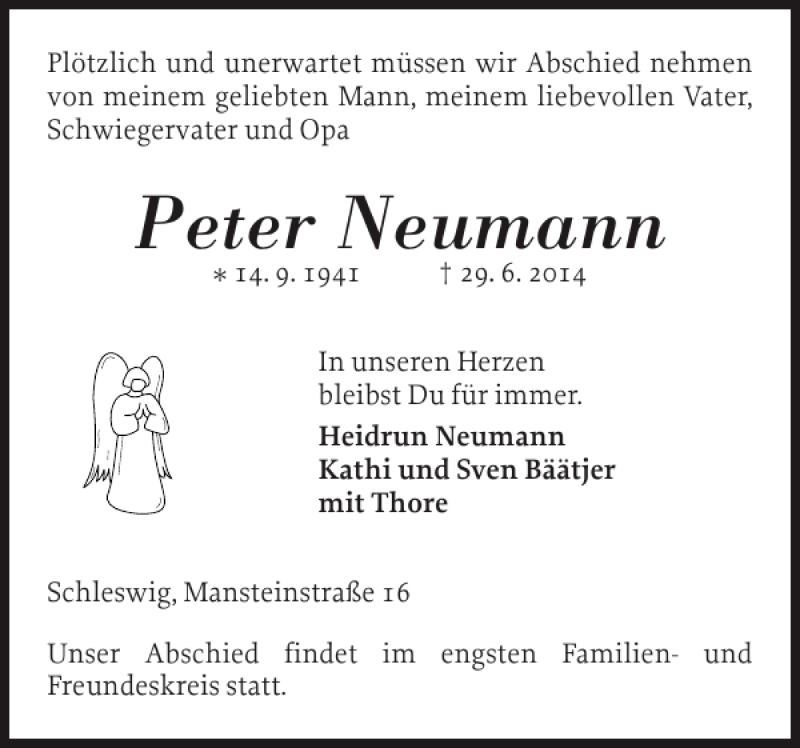  Traueranzeige für Peter Neumann vom 03.07.2014 aus Schleswiger Nachrichten