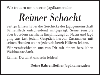 Traueranzeige von Reimer Schacht von Norddeutsche Rundschau