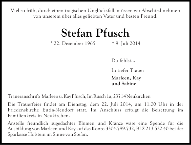 Traueranzeige für Stefan Pfusch vom 17.07.2014 aus Ostholsteiner Anzeiger