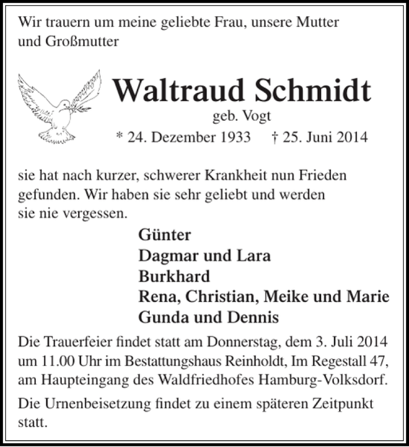  Traueranzeige für Waltraud Schmidt vom 02.07.2014 aus Stormarner Tageblatt