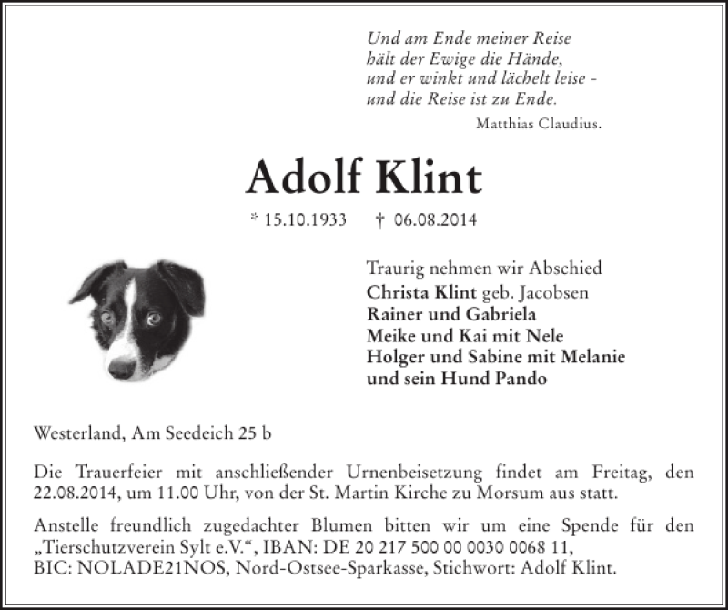  Traueranzeige für Adolf Klint vom 18.08.2014 aus Sylter Rundschau