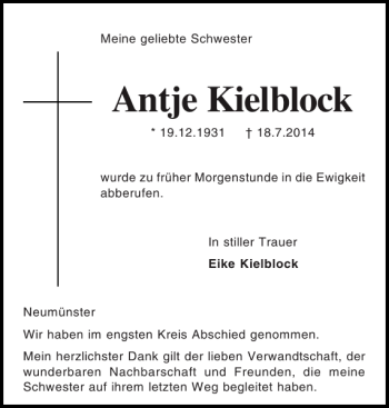 Traueranzeige von Antje Kielblock von Holsteinischer Courier