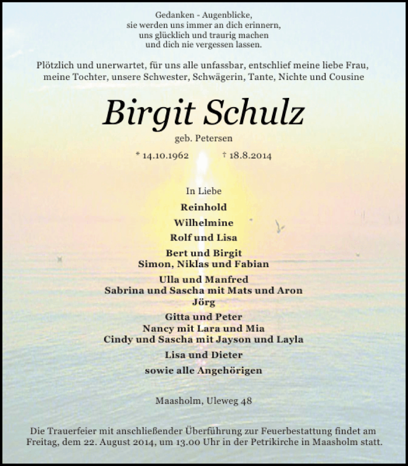  Traueranzeige für Birgit Schulz vom 21.08.2014 aus Schlei-Bote