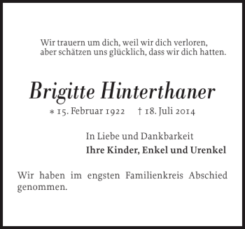 Traueranzeige von Brigitte Hinterthaner von Flensburger Tageblatt