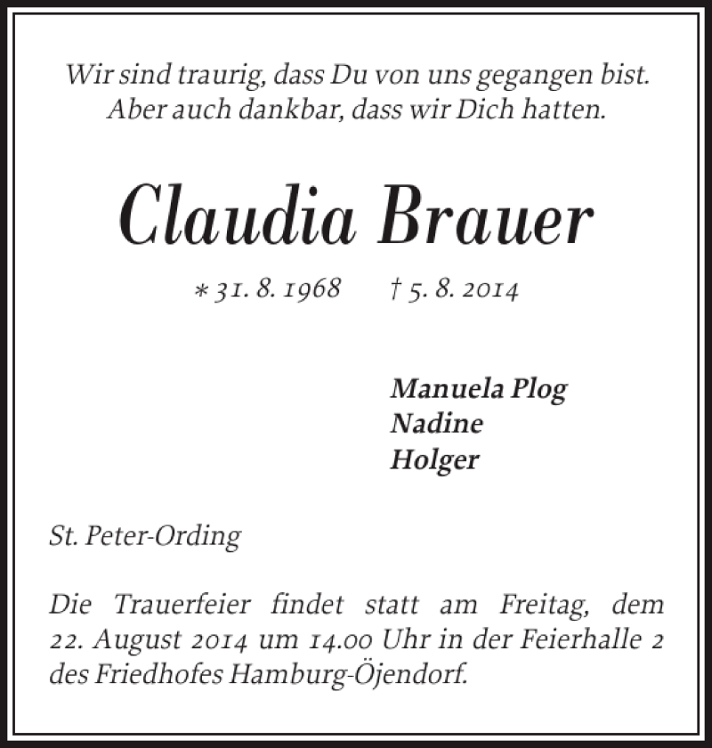  Traueranzeige für Claudia Brauer vom 14.08.2014 aus Husumer Nachrichten