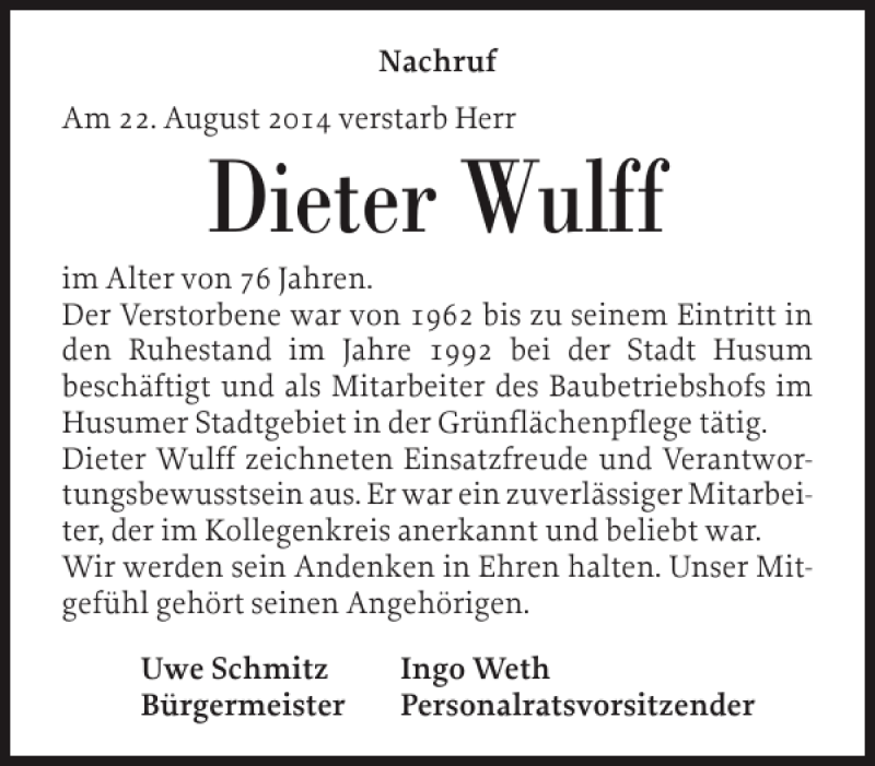  Traueranzeige für Dieter Wulff vom 28.08.2014 aus Husumer Nachrichten