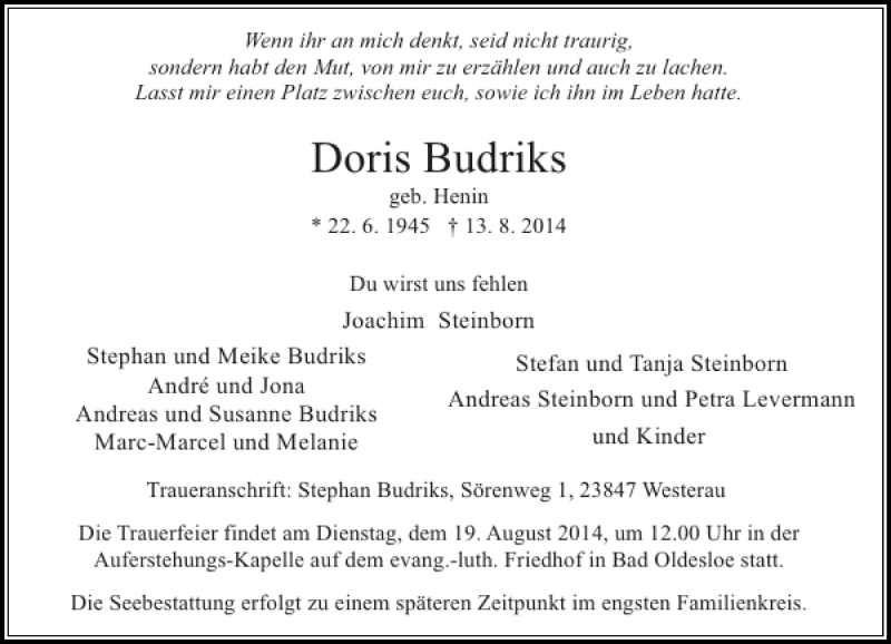  Traueranzeige für Doris Budriks vom 16.08.2014 aus Stormarner Tageblatt
