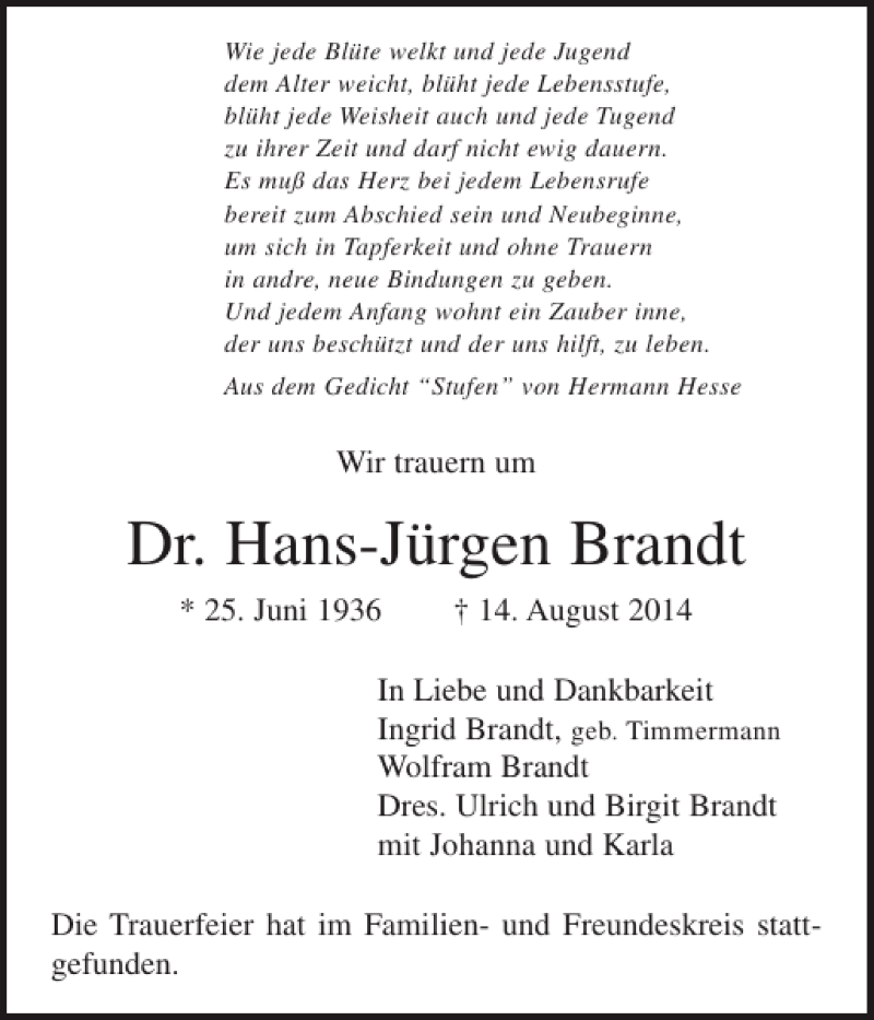  Traueranzeige für Dr. Hans-Jürgen Brandt vom 23.08.2014 aus Pinneberger Tageblatt
