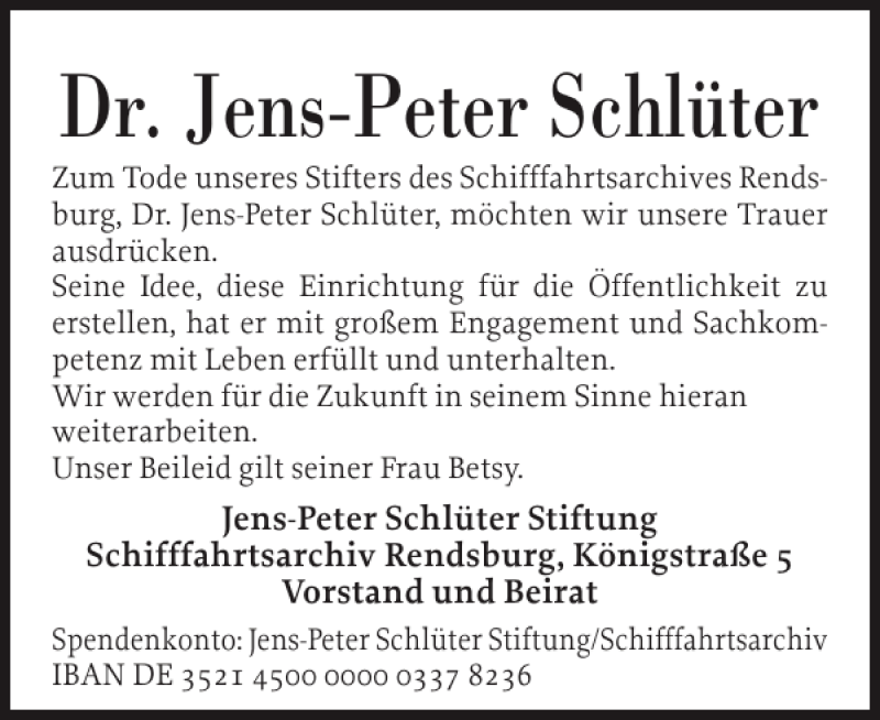  Traueranzeige für Dr. Jens-Peter Schlüter vom 30.08.2014 aus Landeszeitung