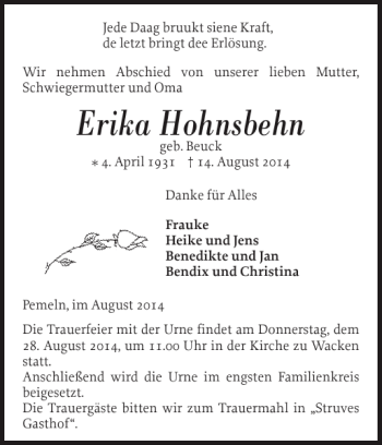 Traueranzeige von Erika Hohnsbehn von Landeszeitung