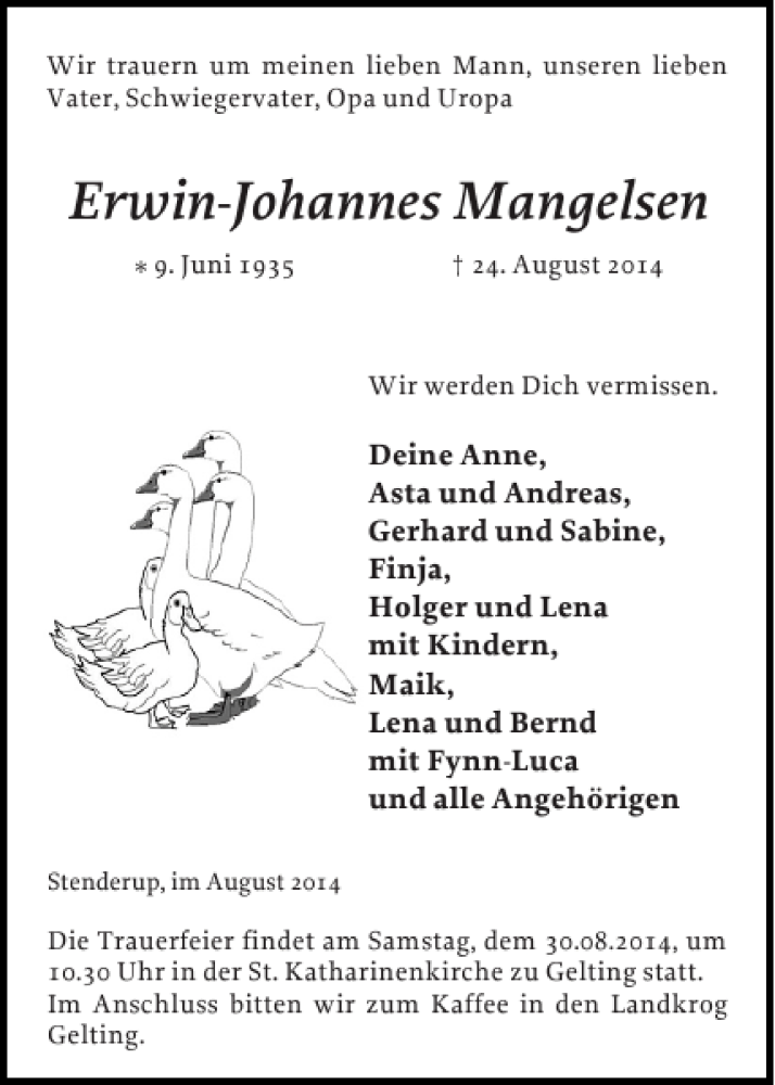  Traueranzeige für Erwin-Johannes Mangelsen vom 28.08.2014 aus Flensburger Tageblatt
