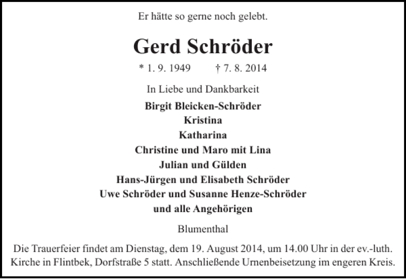  Traueranzeige für Gerd Schröder vom 16.08.2014 aus Landeszeitung