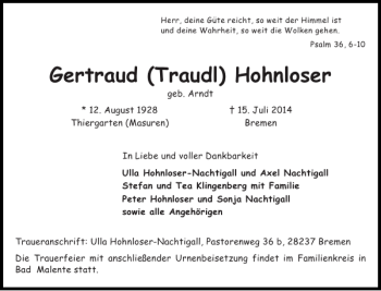 Traueranzeige von Gertraud Traudl Hohnloser von Ostholsteiner Anzeiger