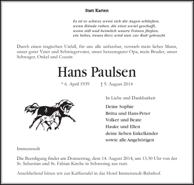  Traueranzeige für Hans Paulsen vom 11.08.2014 aus Husumer Nachrichten