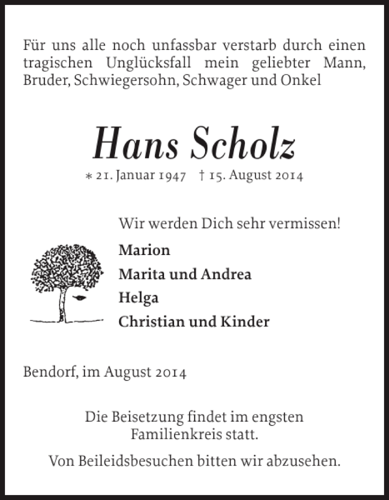  Traueranzeige für Hans Scholz vom 23.08.2014 aus Landeszeitung