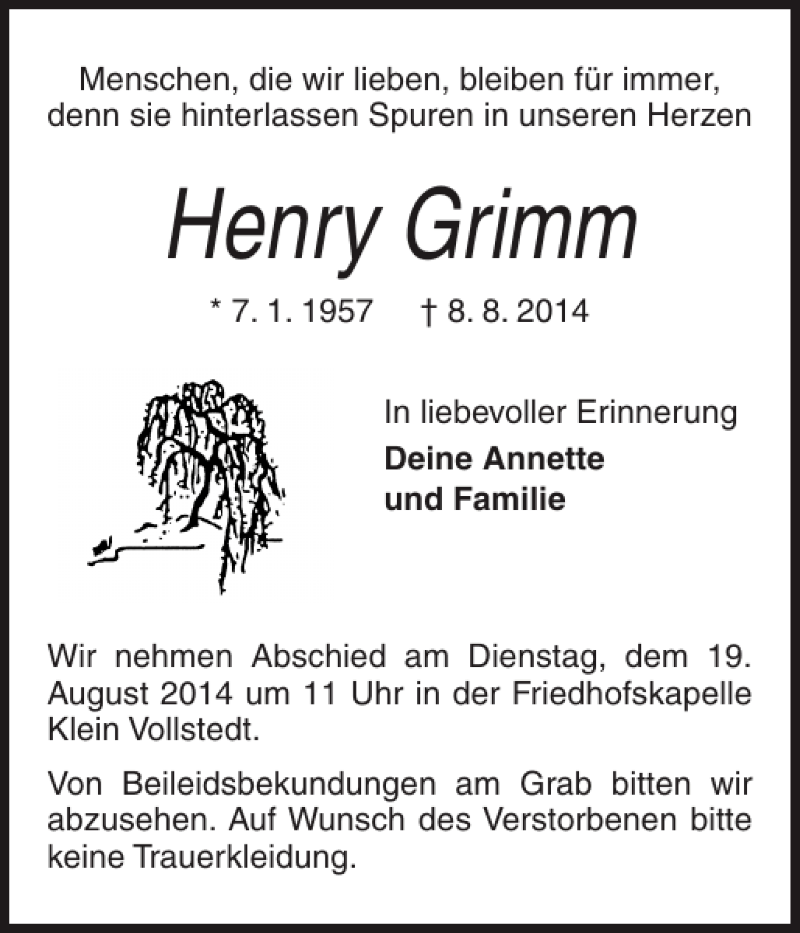  Traueranzeige für Henry Grimm vom 16.08.2014 aus Landeszeitung