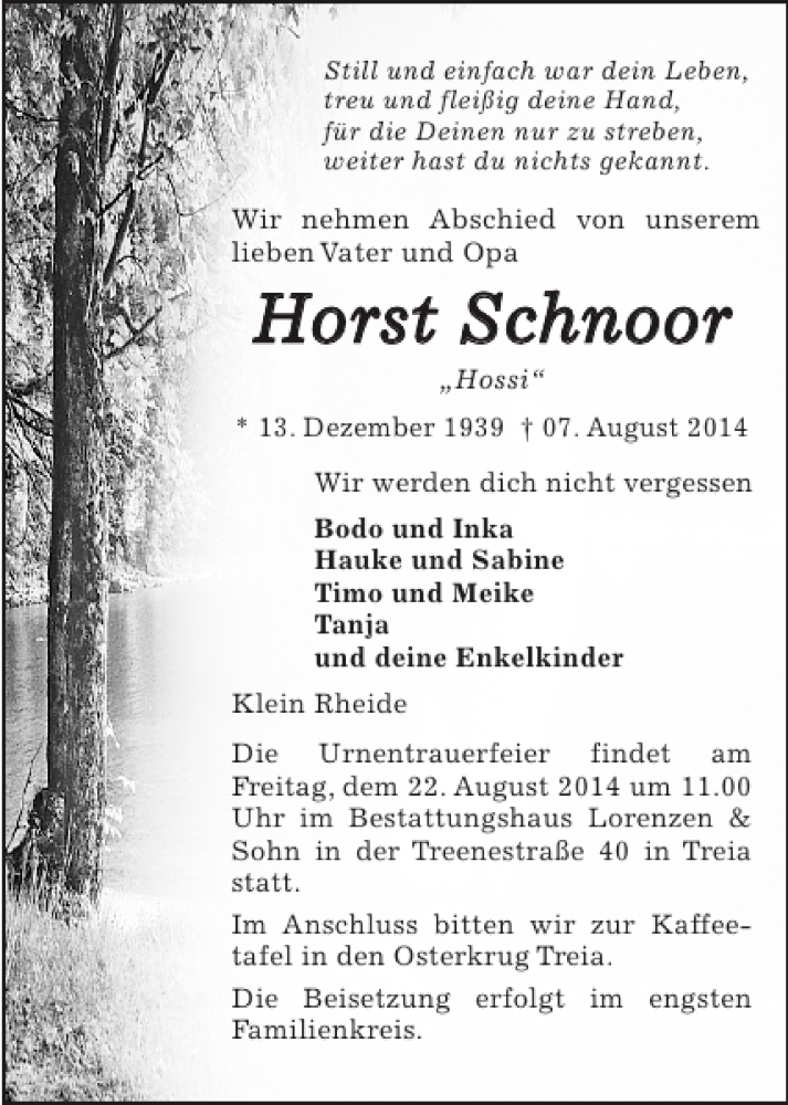 Traueranzeige für Horst Schnoor vom 16.08.2014 aus Schleswiger Nachrichten