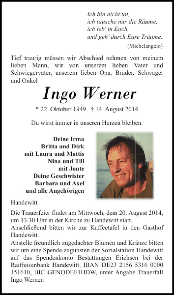  Traueranzeige für Ingo Werner vom 18.08.2014 aus Flensburger Tageblatt