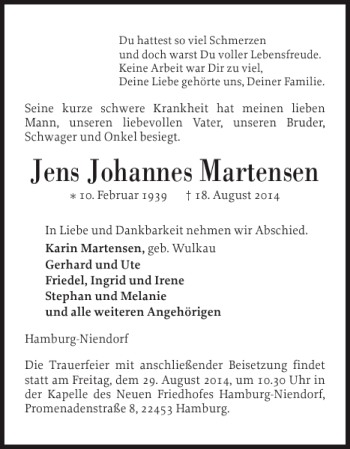 Traueranzeige von Jens Johannes Martensen von Husumer Nachrichten