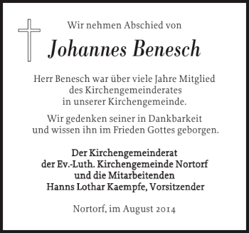 Traueranzeige von Johannes Benesch von Landeszeitung