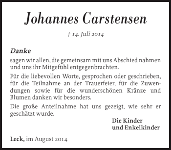 Traueranzeige von Johannes Carstensen von Husumer Nachrichten