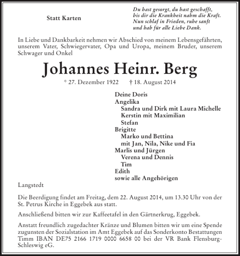  Traueranzeige für Johannes Heinr vom 20.08.2014 aus Flensburger Tageblatt