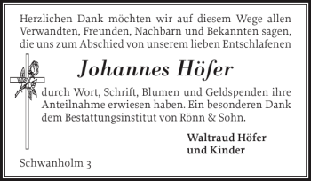 Traueranzeige von Johannes Höfer von Flensburger Tageblatt