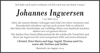 Traueranzeige von Johannes Ingwersen von Husumer Nachrichten