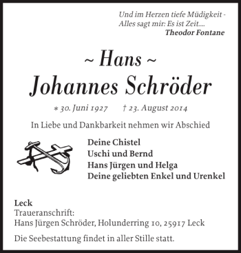 Traueranzeige von Johannes Schröder von Nordfriesland Tageblatt