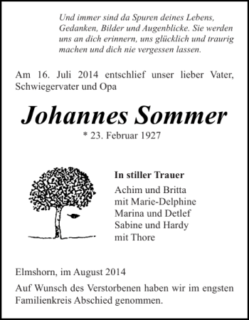 Traueranzeige von Johannes Sommer von Elmshorner Nachrichten
