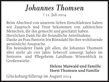 Traueranzeige von Johannes Thomsen von Flensburger Tageblatt