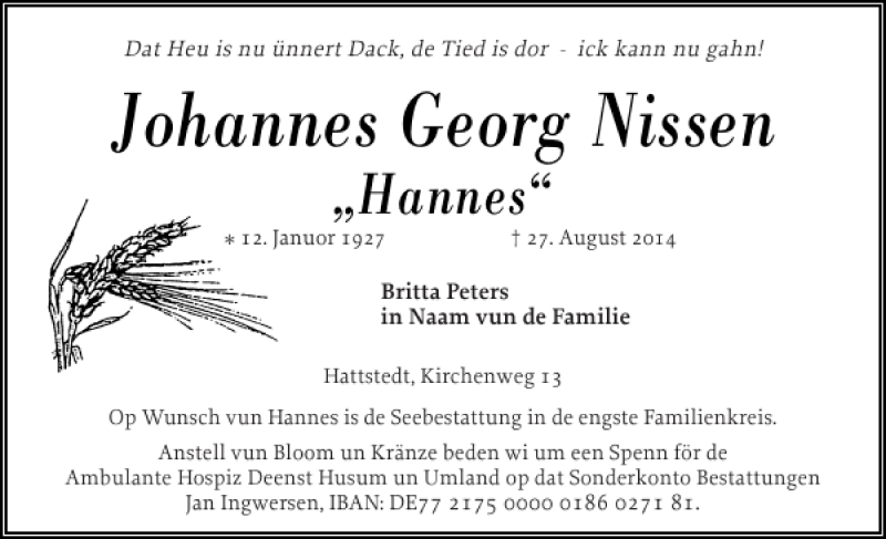  Traueranzeige für Johannes Georg Nissen vom 29.08.2014 aus Husumer Nachrichten